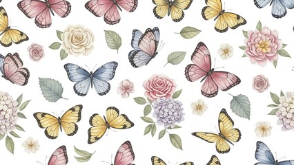 Butterflies and flowers in a whimsical pattern, showcasing delicate wings and vibrant colors, in a serene and dreamy atmosphere