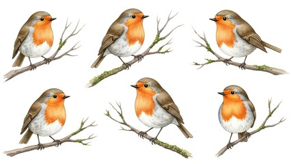 Fototapeta premium Six robins perched on branches in various poses showcasing their vibrant orange breasts and brown wings against a clean white background Whisk_fdebf242a11da6cbcf647a4cf5943e91dr image