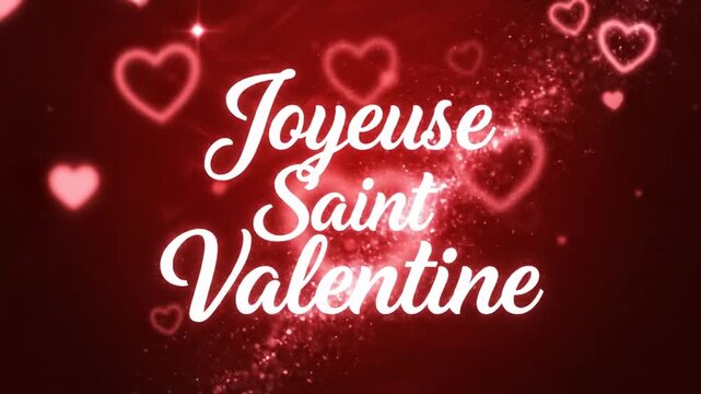 Joyeuse Saint Valentine text with glowing red hearts background