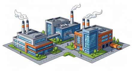 Industrial complex with multiple buildings, chimneys, and smoke emissions, representing manufacturing and production.