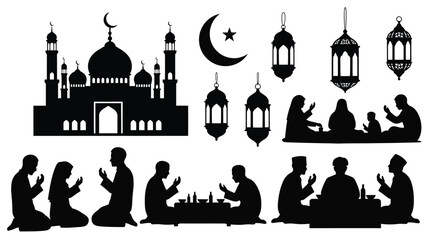 Islamic architecture lanterns and praying figures in black silhouette © asma