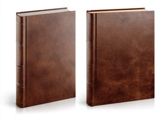 Two brown leather-bound books, one angled, on a white background. Each has raised bands