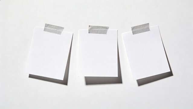 features a minimalist style with a clean, white background. Three square white paper notes are arranged horizontally across the image. Each note is affixed at the top with a piece of gray, semi-transp