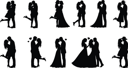 Romantic couple silhouette vector illustration of love poses with embrace, kiss, hearts, wedding attire, intimacy artwork design for romance themes