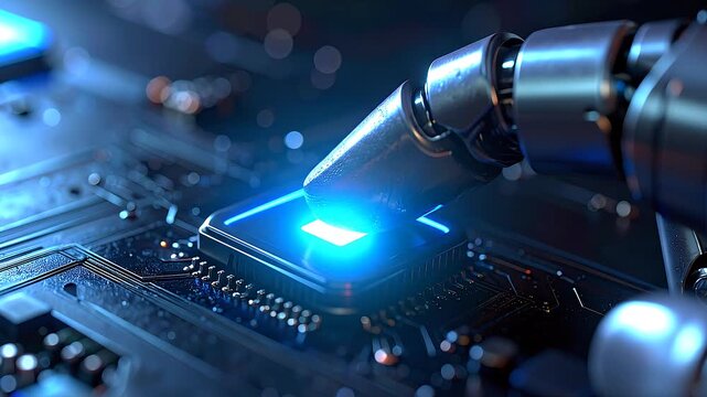 Close-up of a robotic arm touching a glowing blue microchip on a circuit board with a dark background and metallic sheen