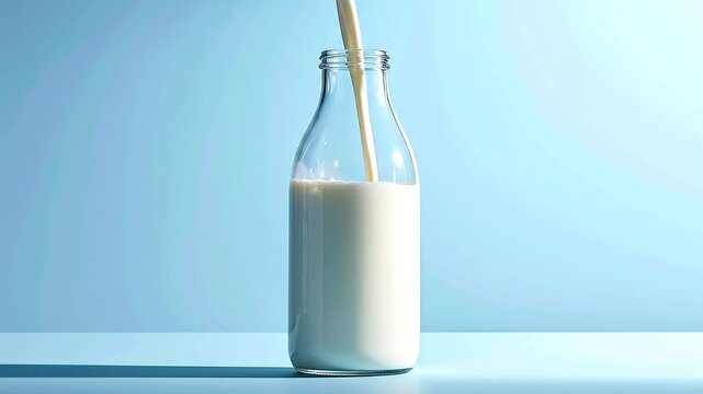 A glass bottle of milk with a straw pouring into it on a blue surface and background