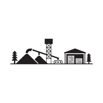 Simplified industrial complex illustration featuring a mine processing plant and trees
