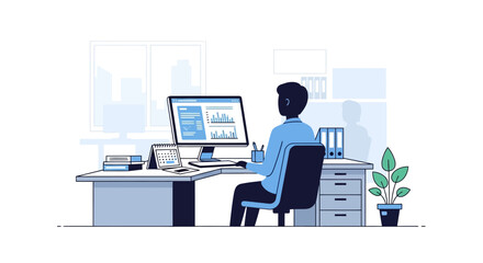 Man Working at Computer Desk with Laptop and Documents.