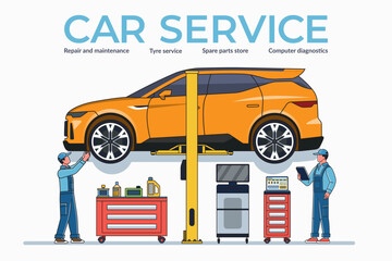 Auto service, car maintenance and repair concept illustration. A team of auto mechanics checks and maintains a car on a car lift in a service workshop. Vector illustration.