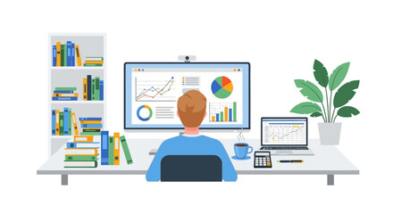 Man working at desk with computer displaying charts.
