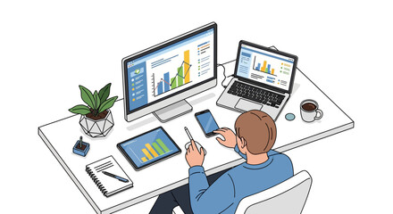 Man working at desk with multiple electronic devices and charts.