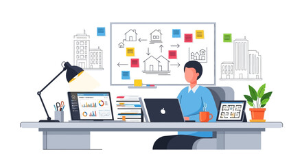 Man working at desk with technology and whiteboard.