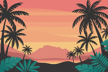 Obraz premium Palm Tree Sunset Poster, Warm Coral and Yellow Orange Tropical Sky with Geometric Frond Shapes Retro Style Artwork