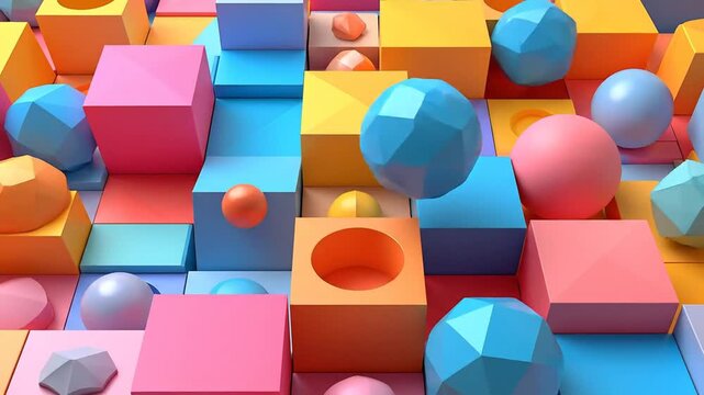 Abstract colorful geometric shapes and objects arranged in a vibrant and playful composition.