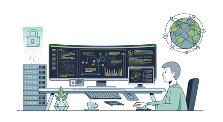 Man working on advanced computer system with multiple monitors.