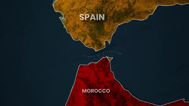 A map Animation showing the strategic Strait of Gibraltar separates Spain and Morocco clearly