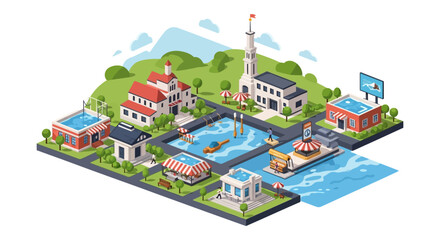 Isometric Cityscape with Buildings and Water Features.
