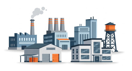 Obraz premium Industrial cityscape featuring factories, buildings, and a water tower, representing urban development.