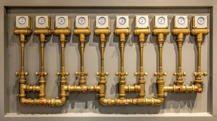 Industrial Art Installation Featuring Gold Pipes and Display Screens Against a Gray Background