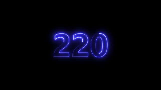 Glowing neon digital number 220 animation on black background...