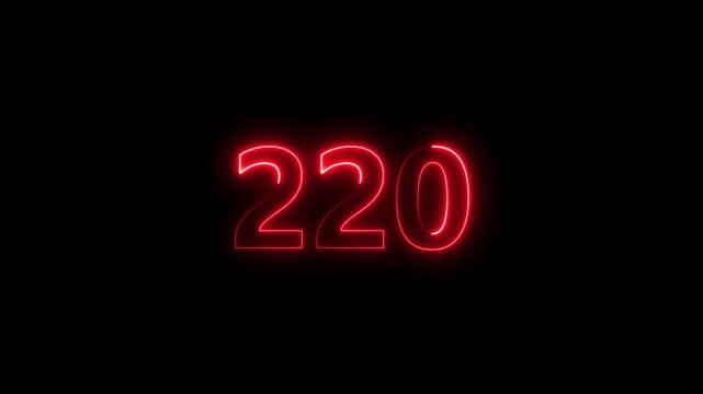 Glowing neon digital number 220 animation on black background...