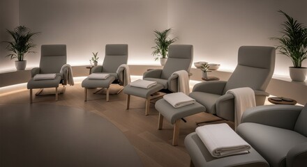 Fototapeta premium Relaxing lounge area with armchairs plants and soft lighting for wellness