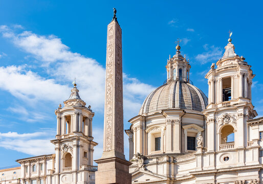 Sant'Agnese in Agone church and Fountain of Four Rivers (Fontana dei Quattro Fiumi) obelisk on Piazza Navona square, Rome, Italy