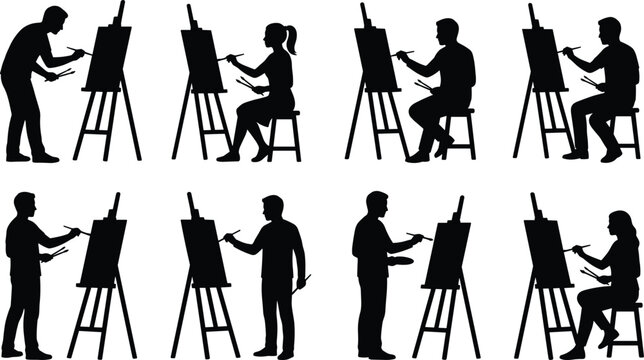 Artist painting on canvas silhouette set creative people with easel and brush black vector illustration collection isolated on white background