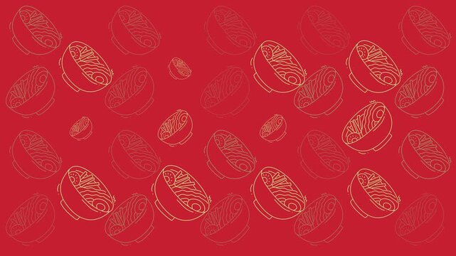 Food doodle with a whimsical noodle bowl pattern on a red backdrop, great for food blogs, menus, and restaurant promotions.