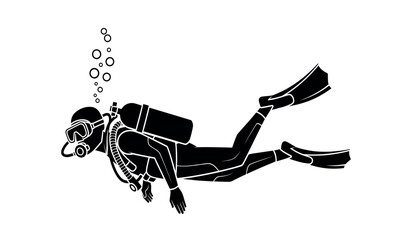 Scuba diver in full gear swimming underwater with bubbles © Apai