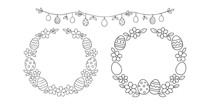 Line art illustration of two Easter egg and flower wreaths with an egg garland, perfect for coloring pages and holiday decorations.