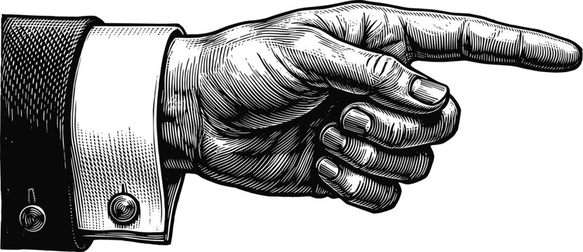 Vintage Engraved Hand Pointing Gesture Illustration in Classic Woodcut Style Isolated on White Background for Retro Design Use