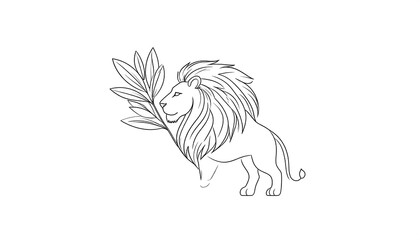 Fototapeta premium Black and white illustration of a regal lion holding a leafy branch, set against a plain white background