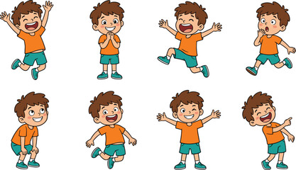 Cute cartoon boy character set with different poses and emotions playful child vector illustration isolated on white background for kids design © Art_By_Shoriphul