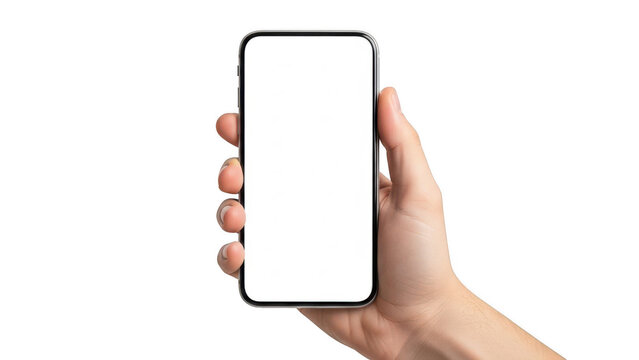 Hand holding smartphone isolated on transparent background