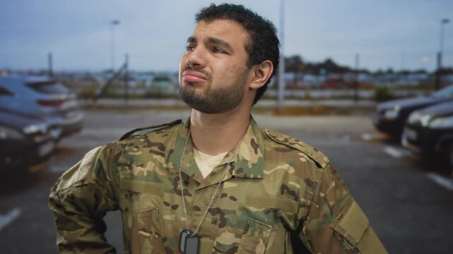 Man soldier in camouflage uniform grimaces with face on street by cars wearing dogtags; frustration.