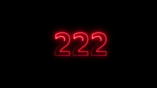 Neon number 222 glowing bright on black background  4k video..