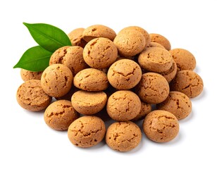 Pile of round, light-brown cookies with green leaves, isolated on a white background