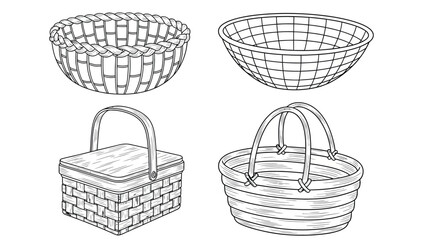 Illustrated drawing of four baskets: a braided round basket, a wire bowl, a square picnic basket with a lid, and an oval basket with handles, all in black and white.