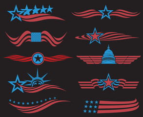 collection of USA star flag labels isolated on black background