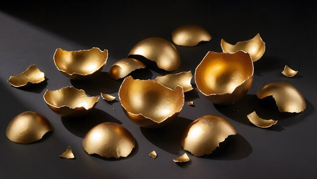 Scattered broken golden eggshells on a dark background symbolizing wealth and fragility