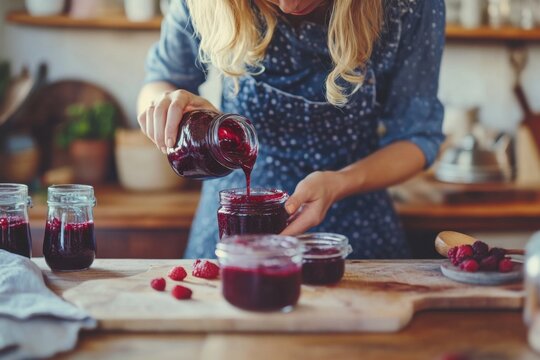 Young woman transferring homemade berry jam into glass jar to preserve fresh fruit