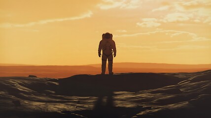 Fototapeta premium A lone astronaut gazes at the horizon during a breathtaking sunset on a distant planet.