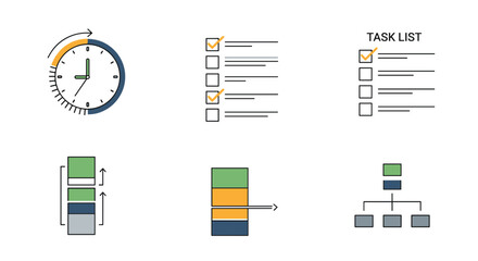 Business productivity icons and task list with clock and charts