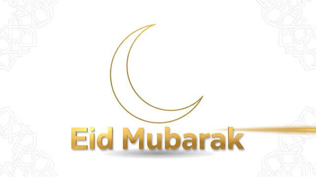 Golden crescent moon and "Eid Mubarak" text on a white background with subtle Islamic patterns, celebrating the holiday.