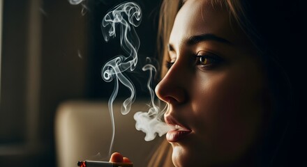Obraz premium Cinematic Close-up: Pensive Woman Exhaling Luminous Smoke in Film Noir Style