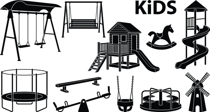 Kids playground equipment silhouette set with swings slide trampoline seesaw carousel and playhouse black vector illustration isolated on white background