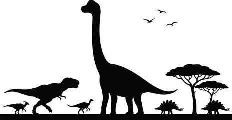 Prehistoric Dinosaur Silhouettes Landscape with Tyrannosaurus, Brachiosaurus and Stegosaurus Against Safari Trees and Flying Pterosaurs Background Illustration © World_Of_Vector