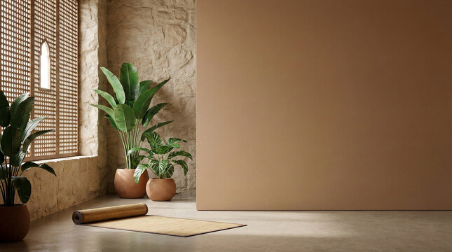 Bohemian Interior Mockup Wall with Potted Traveler's Palm Ravenala madagascariensis and Monstera deliciosa Near Traditional Mashrabiya Window