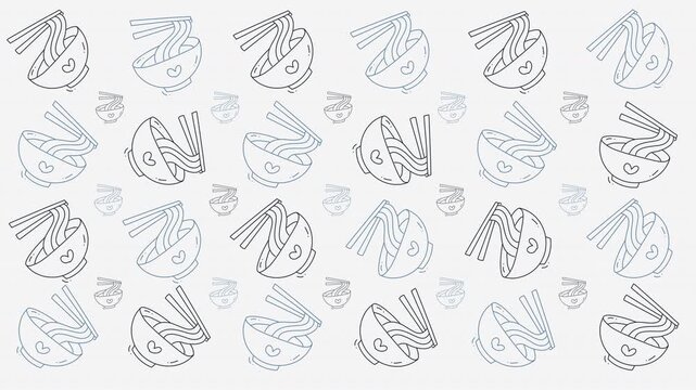 Food doodle pattern of repeated noodles  chopsticks. Whimsical style suitable for menu design, packaging, and foodrelated projects.